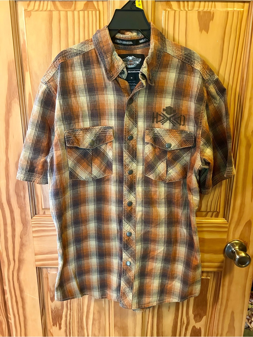 Harley-Davidson Men’s M Brown and Orange Plaid Short-Sleeve Button-Down Shirt